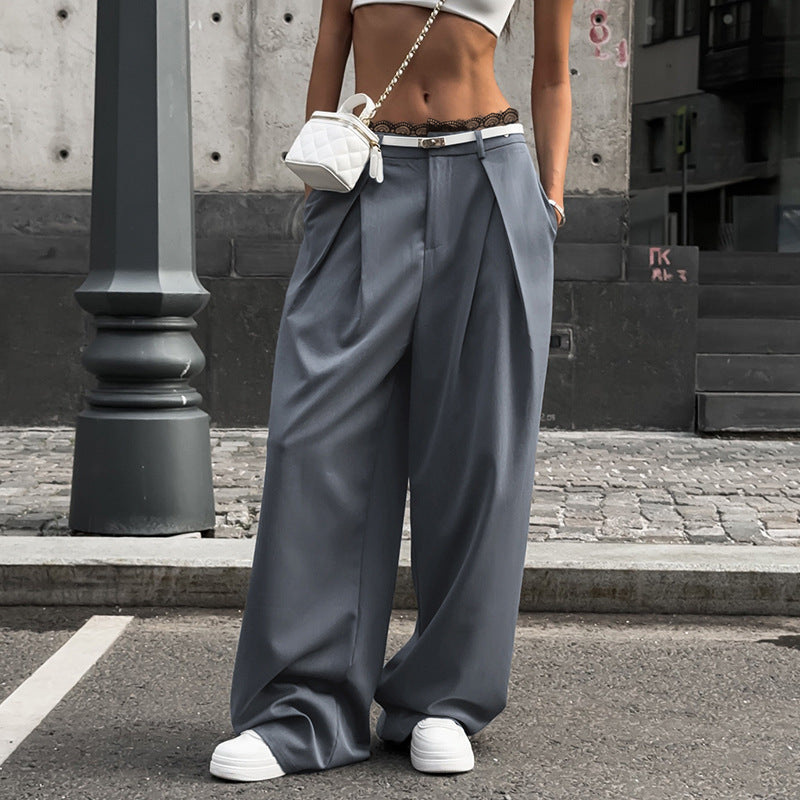 Damen weit geschnittene High-Waist-Hose mit tiefem Bund und eleganten Falten R&B