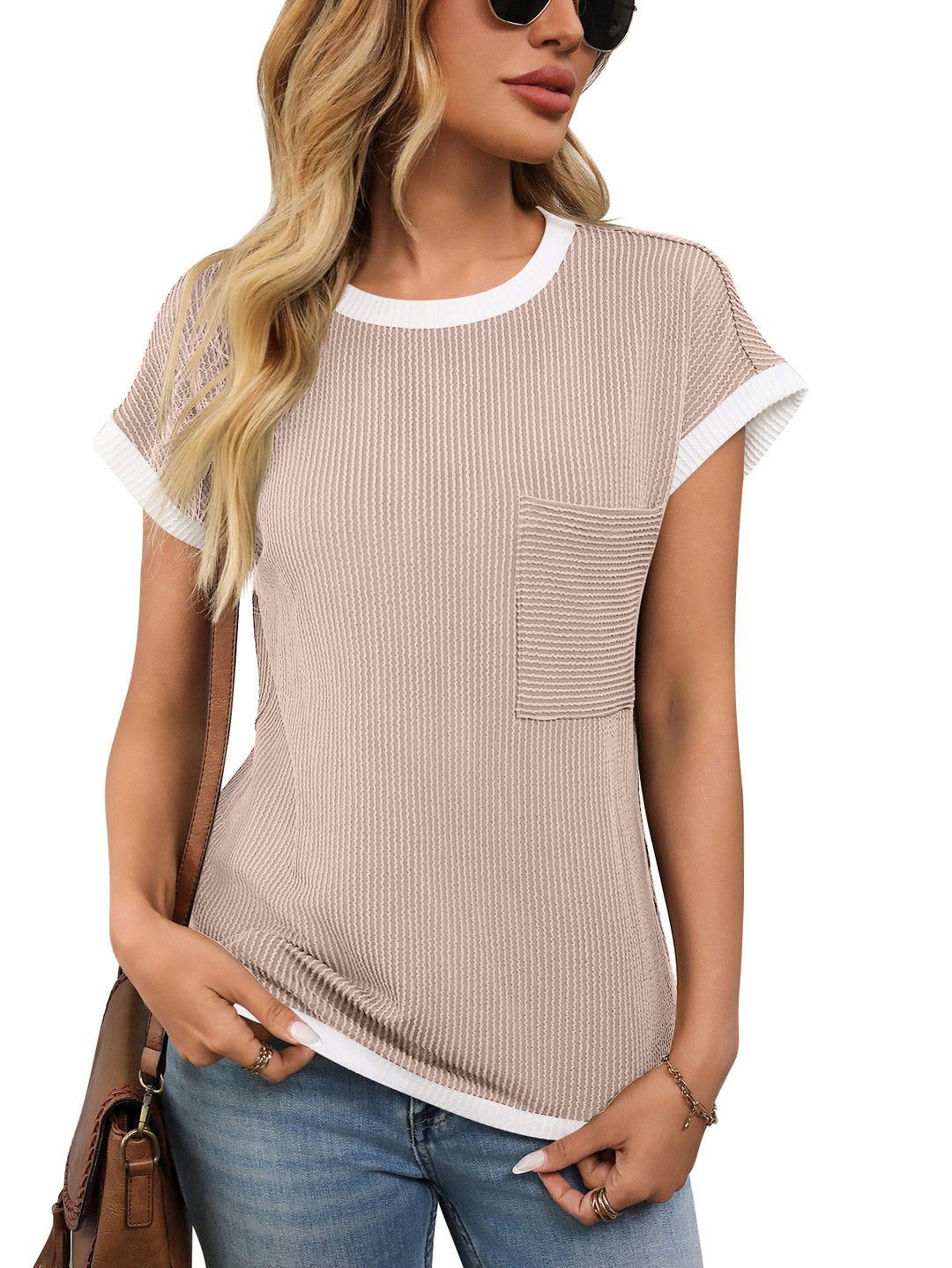 R&B | Gestricktes kontrastierendes T-Shirt mit Rundhalsausschnitt