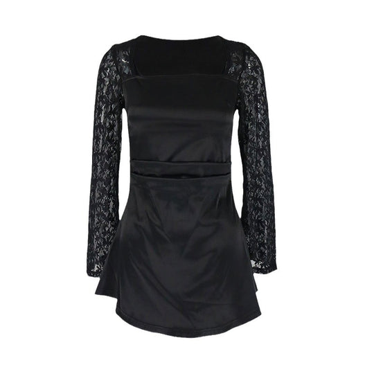 Damen Elegantes Kleid mit Spitzenärmel und fließendem Rock R&B