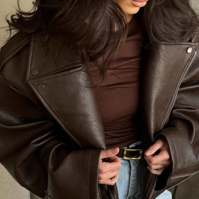 Damen Übergröße Kunstlederjacke im lässigen Stil R&B