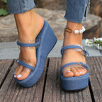 Damen Wedge-Sandalen mit transparenten Riemen und modischem Denim-Obermaterial R&B