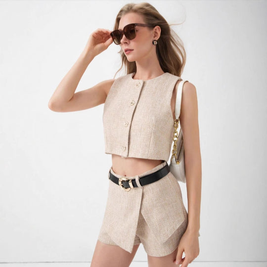 Damen Tweed-Shorts-Set mit tailliertem Oberteil und Gürtel R&B