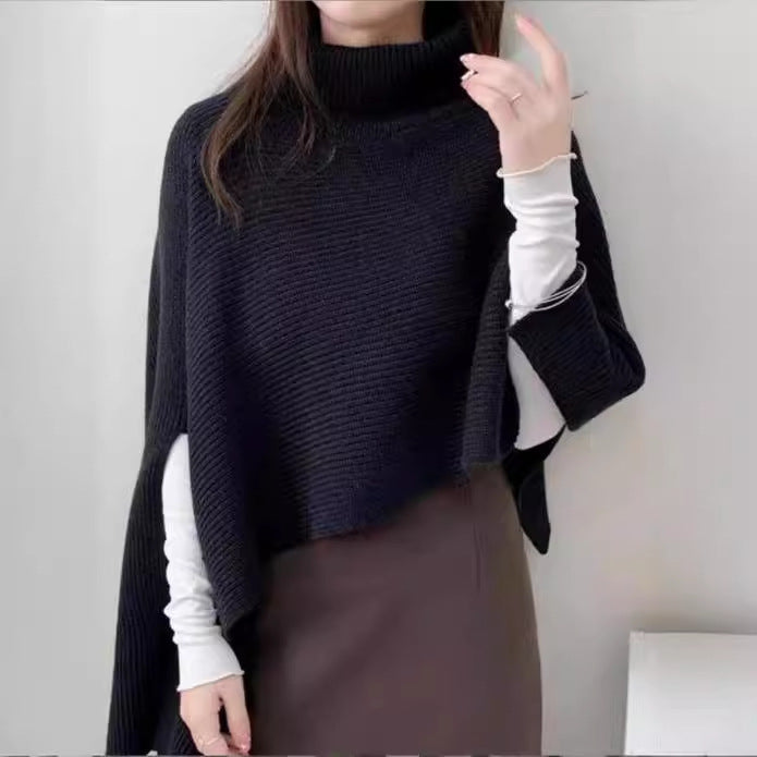 Damen Strickponcho mit hohem Kragen und asymmetrischem Schnitt R&B