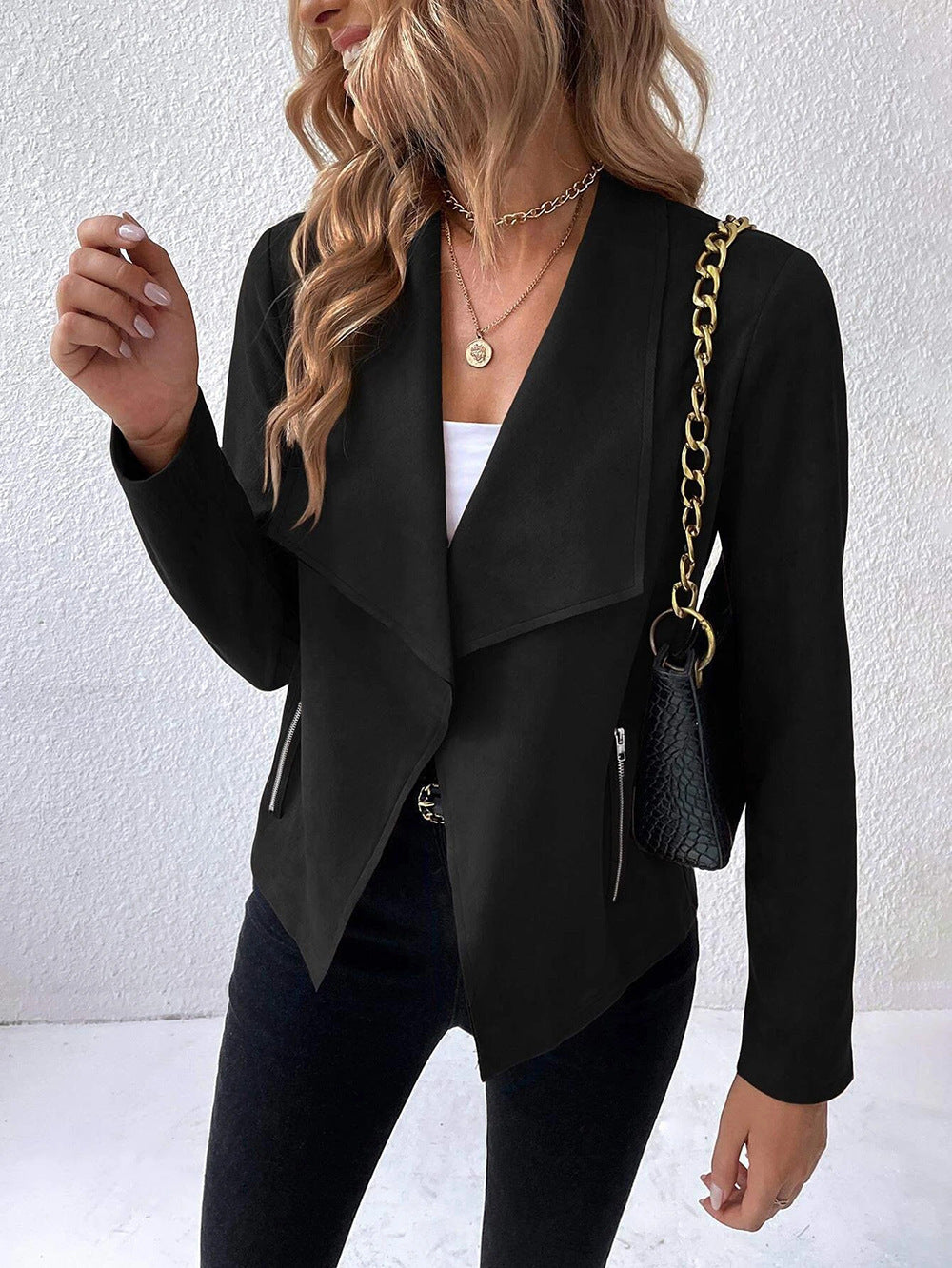 Damen elegante Veloursjacke mit asymmetrischem Revers und Reißverschlusstaschen R&B