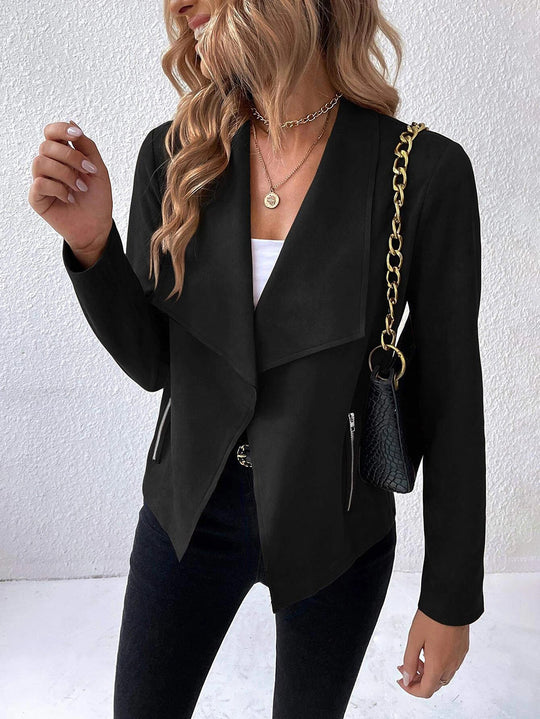 Damen elegante Veloursjacke mit asymmetrischem Revers und Reißverschlusstaschen R&B