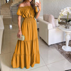 Damen Off-Shoulder Maxikleid mit elastischem Bund und Rüschendetails R&B