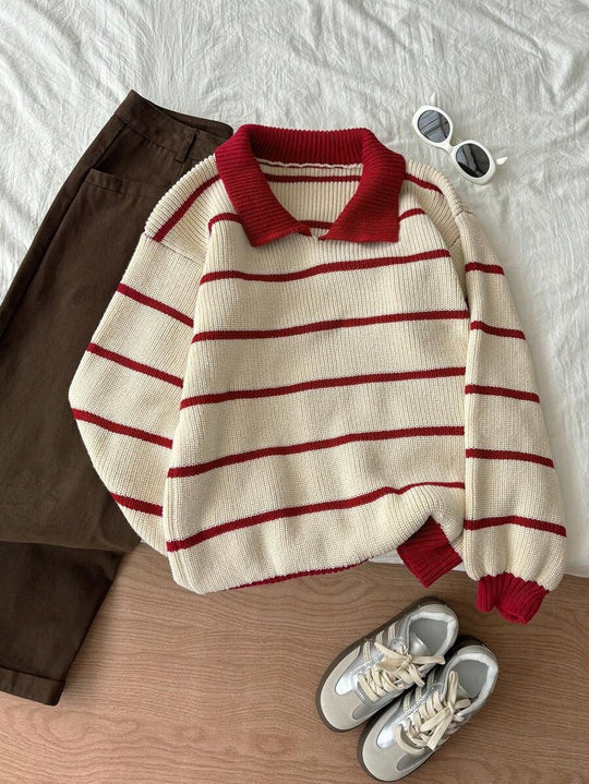 Damen Pullover mit Polokragen und gestreiftem Design R&B
