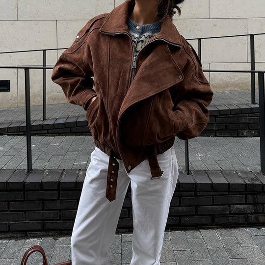 Damen Kunstlederjacke mit modernem Stehkragen und praktischen Reißverschlusstaschen R&B