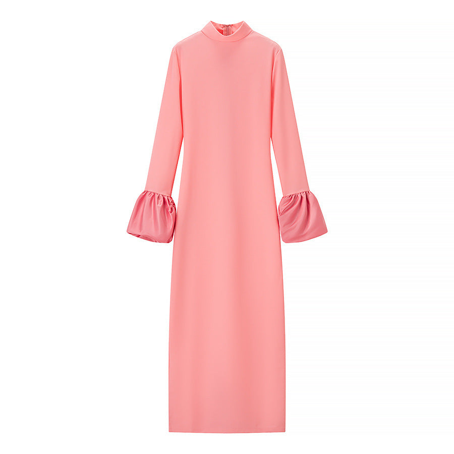Damen Maxikleid mit rüschenförmigen Ärmeln und elegantem Stehkragen R&B