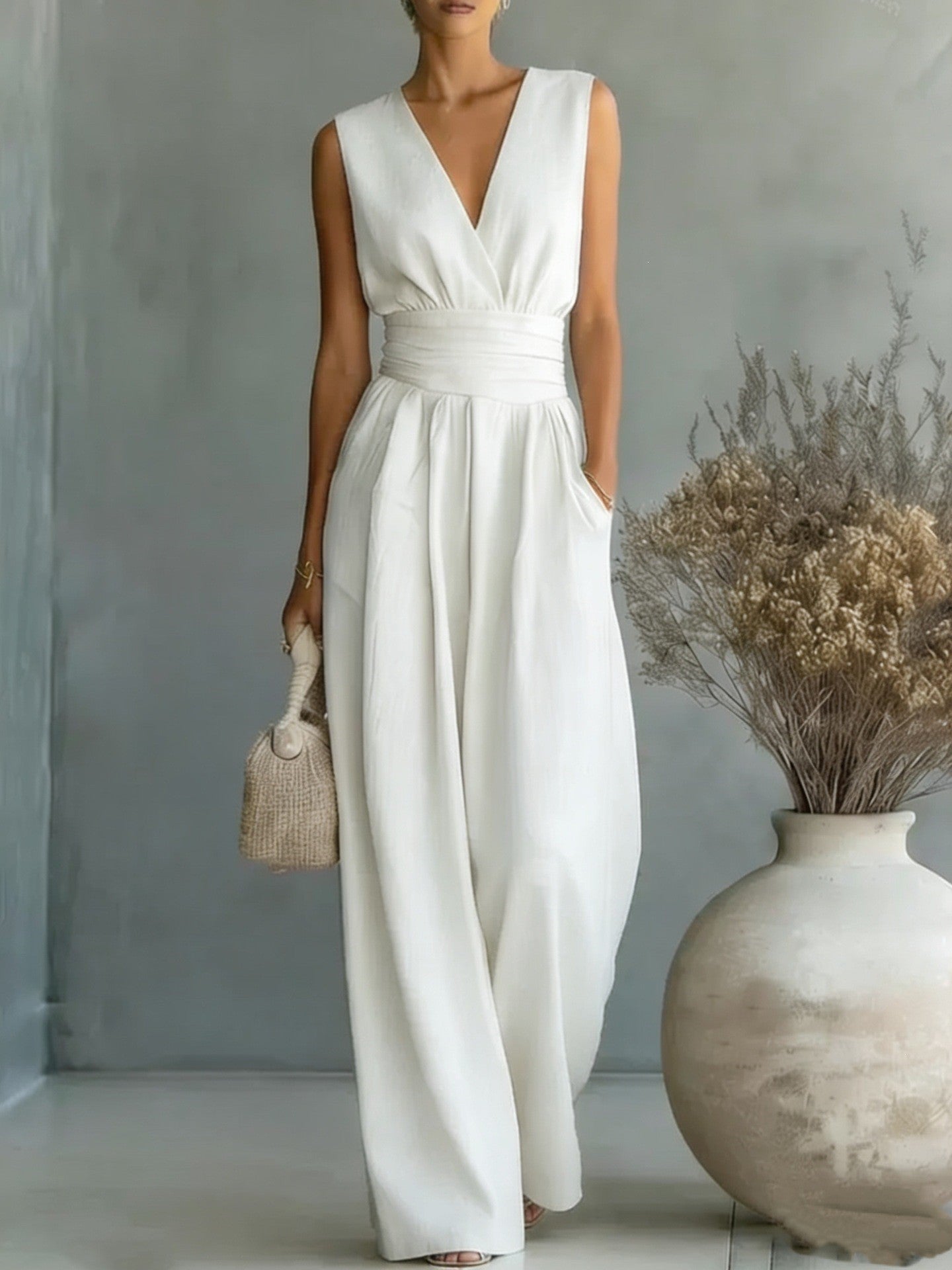 R&B | Eleganter Ärmelloser Jumpsuit mit Tiefem V-Ausschnitt, Taillenbund und Weitem Bein