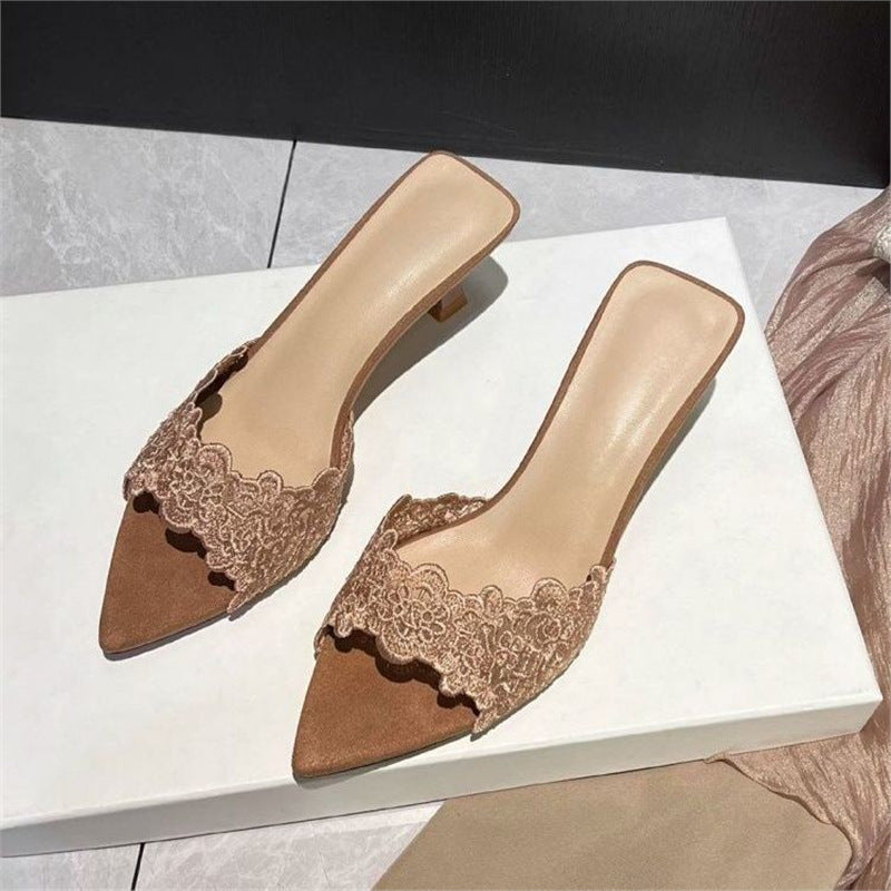 Damen elegante Mules mit Spitzenverzierung R&B