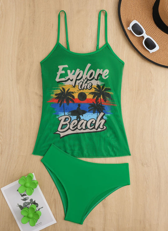 Damen Strandtop mit buntem Grafikdesign und passendem Bikiniunterteil R&B