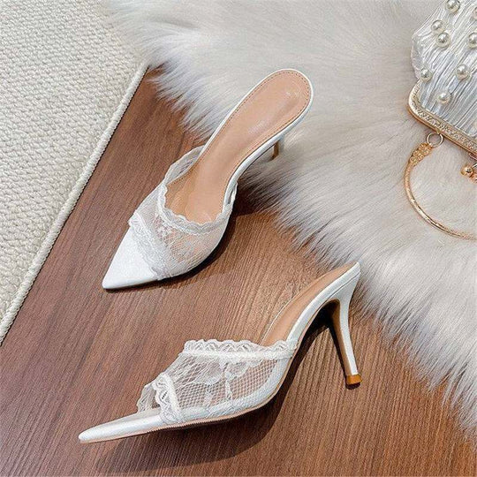 Damen elegante Mules mit Spitze und feiner Spitze R&B
