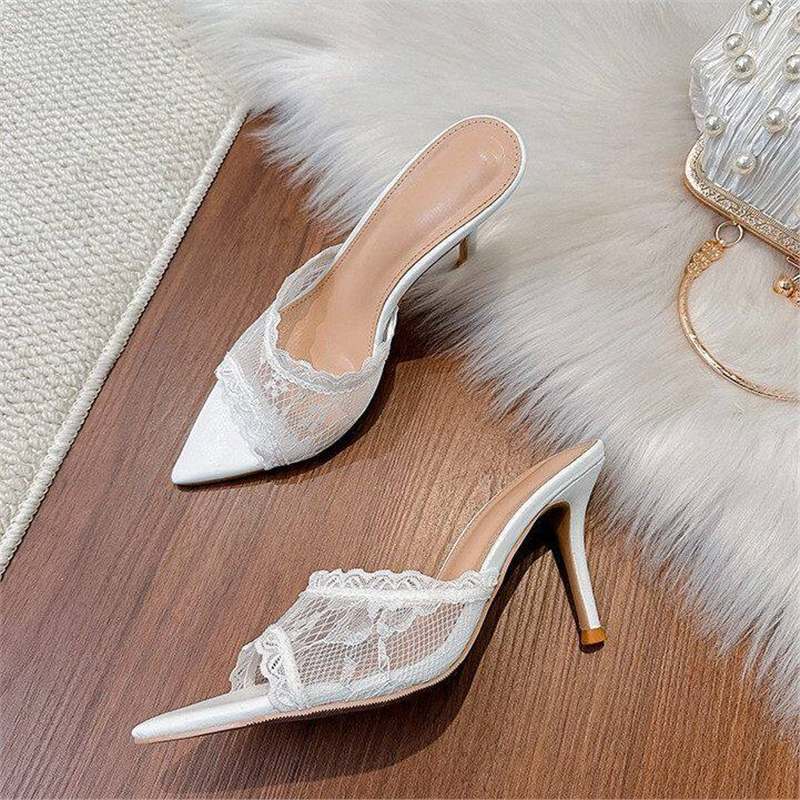 Damen elegante Mules mit Spitze und feiner Spitze R&B