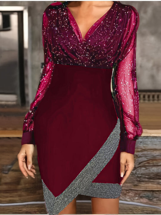 Damen Elegantes Wickelkleid mit funkelnden Details und transparenten Ärmeln R&B