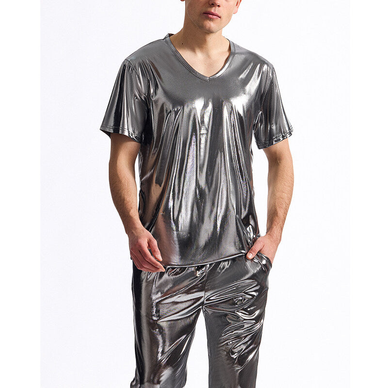 Herren Glänzendes V-Ausschnitt T-Shirt aus hochwertigen Materialien
