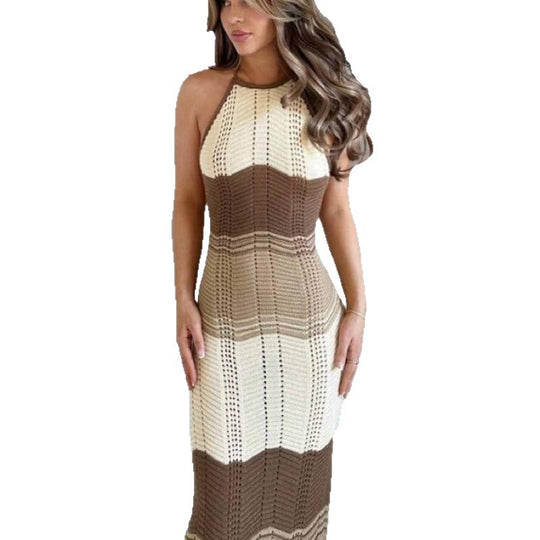Damen Häkel-Maxikleid mit exklusivem Muster und elegantem Kragen R&B