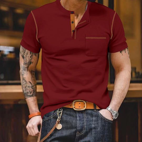 Herren modisches Kurzarm-Henley-Shirt mit kontrastierenden Akzenten und praktischer Brusttasche R&B