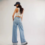 Damen Weit geschnittene High-Waist Jeans mit modischem Saum R&B