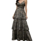 Damen Elegantes Tiermuster-Maxikleid mit tiefem V-Ausschnitt und voluminösem Rock R&B
