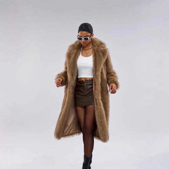 Damen Eleganter Pelzmantel mit großen Taschen R&B