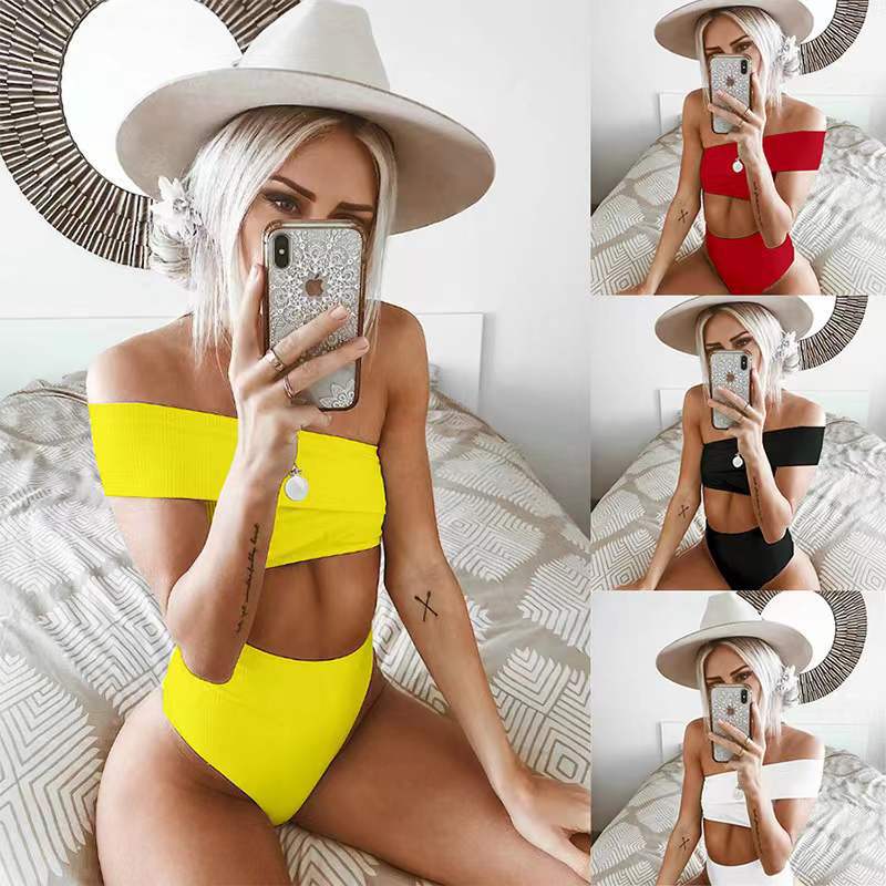 Damen Hochgeschnittener Bikini mit schulterfreiem Oberteil und elastischem Material R&B