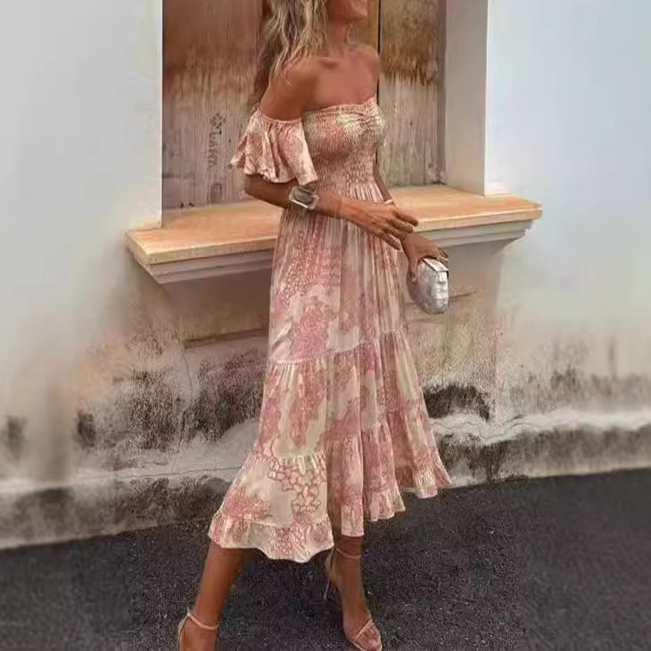 Damen Off-Shoulder Maxikleid mit Rüschendetails und elastischem Taillenband R&B
