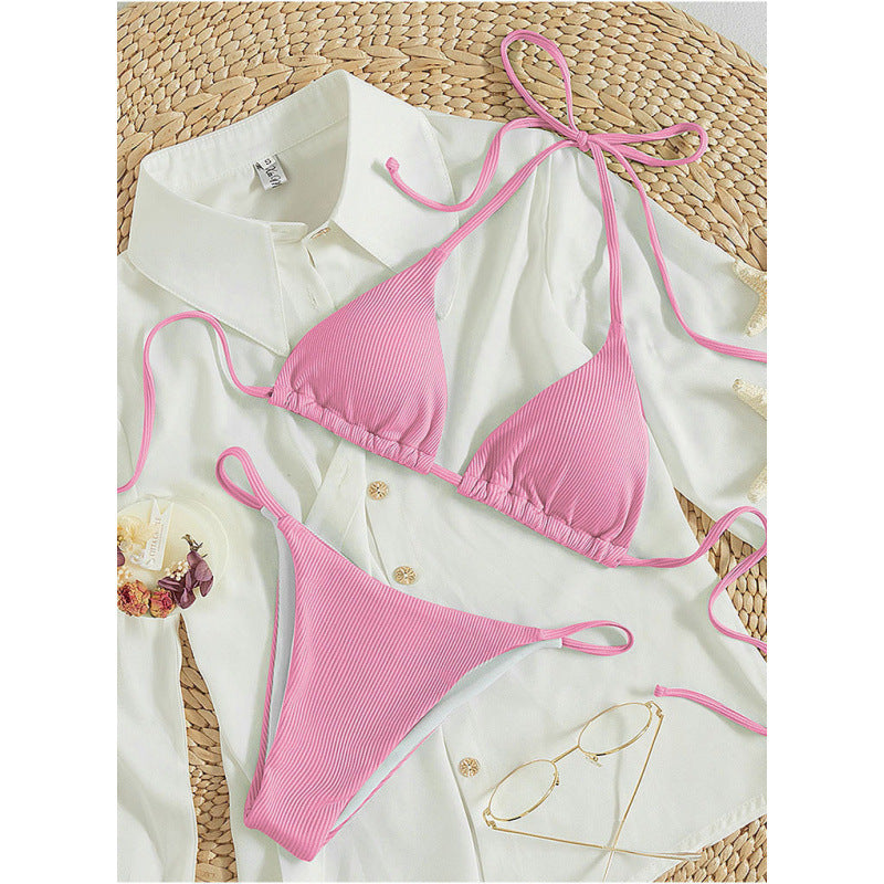Damen Triangel-Bikini-Set mit verstellbaren Schnüren und feinem Strukturmuster R&B
