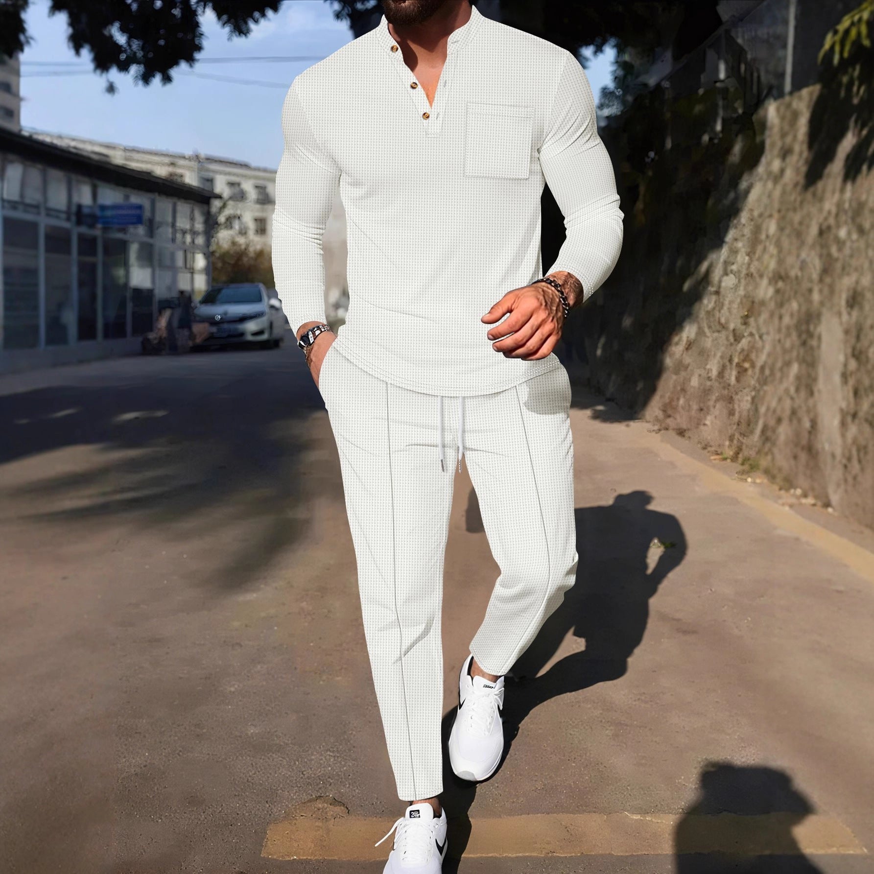 Herren lässiges Langarm-Set mit Knopfdetails und praktischen Taschen R&B