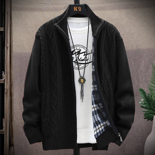 Herren Strickjacke mit Kunstlederdetails und hohem Kragen R&B