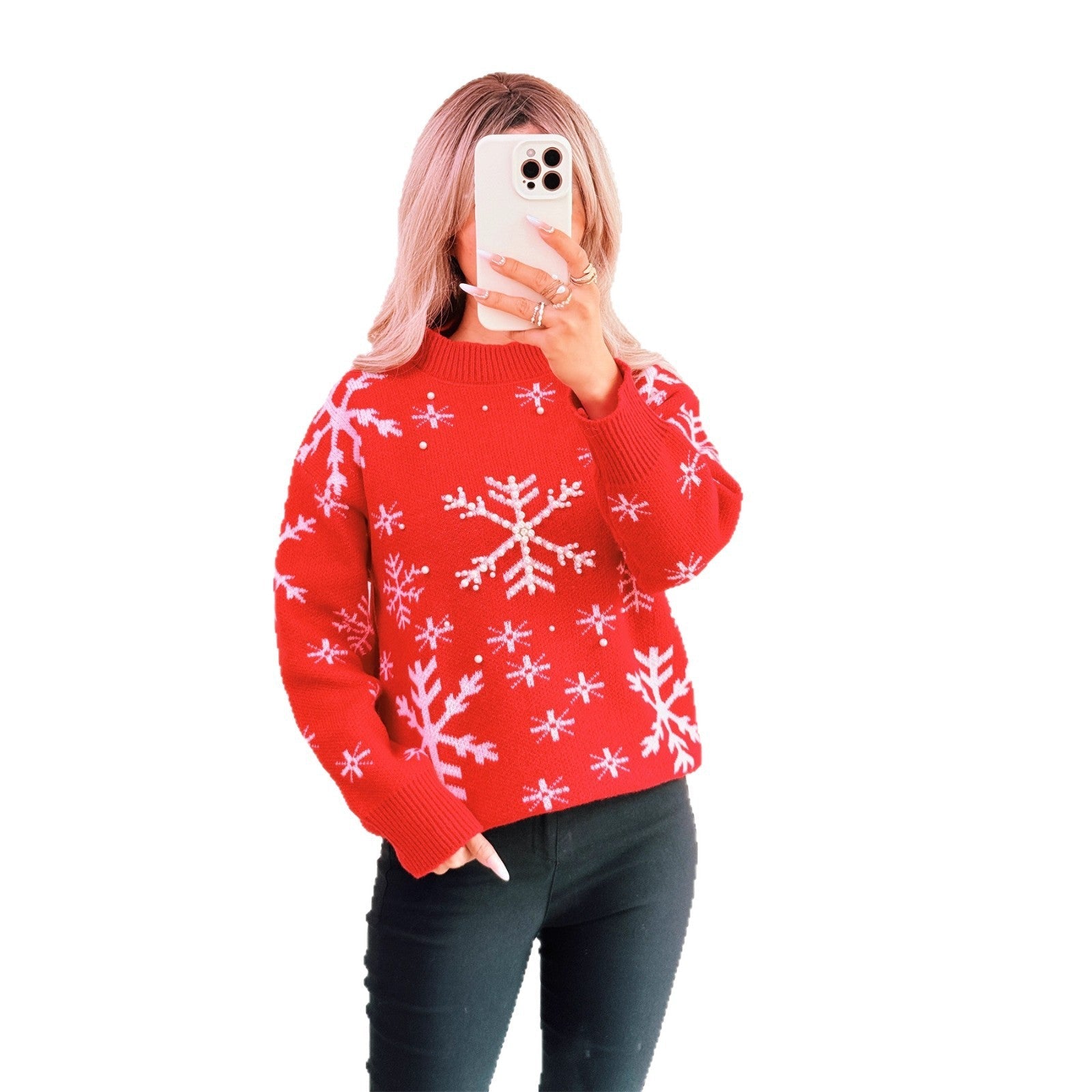 Damen Weihnachts-Pullover mit festlichem Schneemuster und hohem Kragen R&B