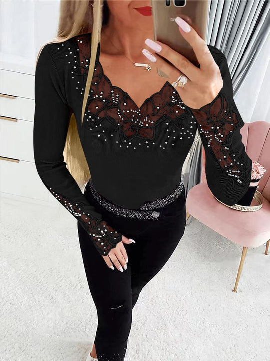 Damen Elegantes Shirt mit floralen Spitzenapplikationen und funkelnden Details R&B