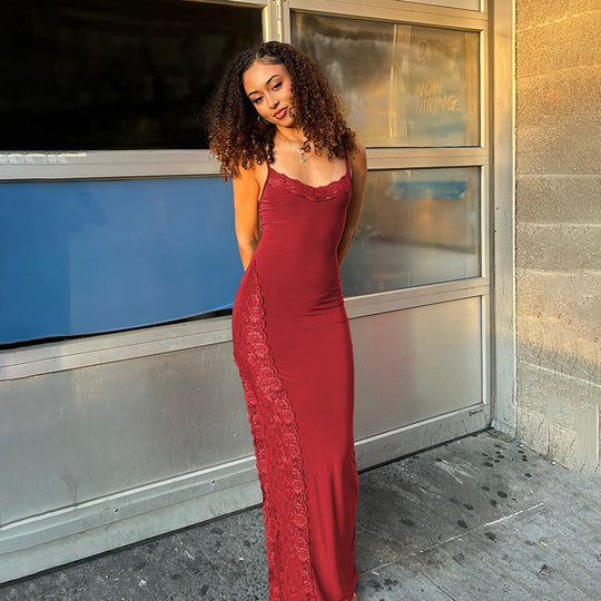 Damen elegantes Spitzen-Maxikleid mit zarten Trägerspitzendetails R&B
