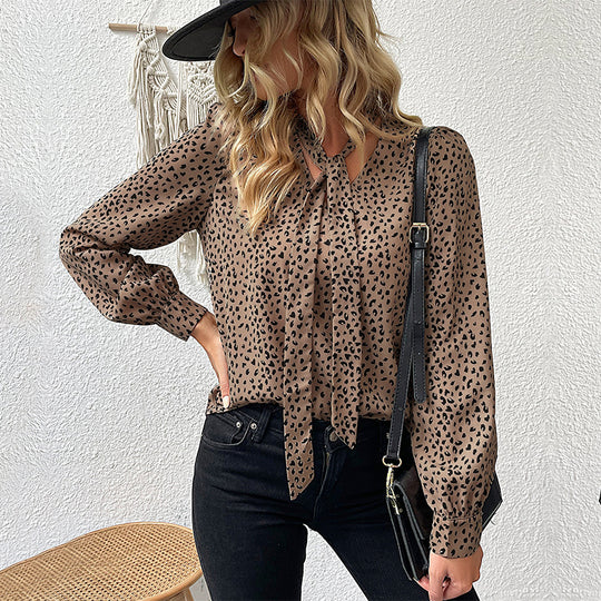 Damen Bluse mit Schleifen-Ausschnitt und Leopardenmuster R&B