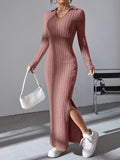 Damen Langarm Maxikleid mit V-Ausschnitt und seitlichem Schlitz R&B