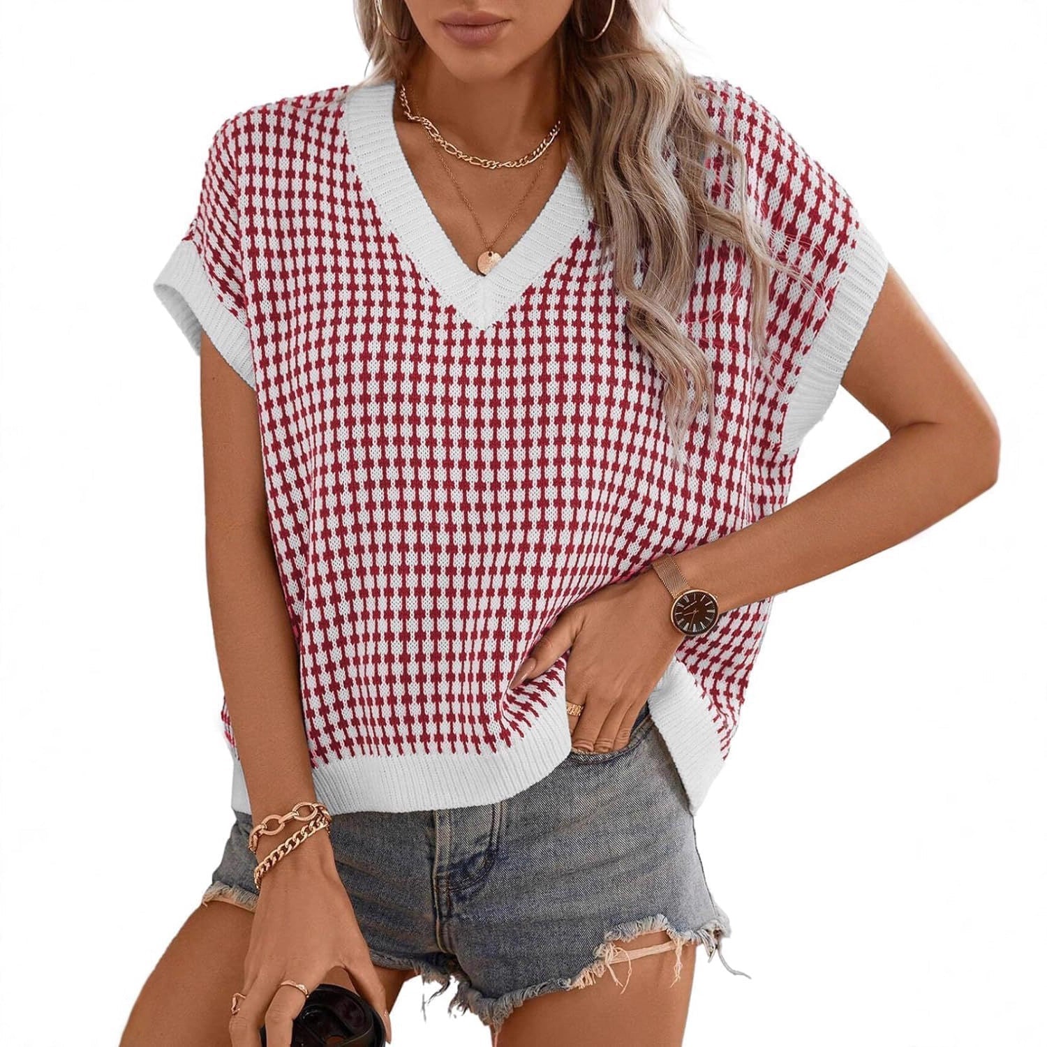 Damen lässiger V-Ausschnitt Pullover mit geometrischem Muster R&B