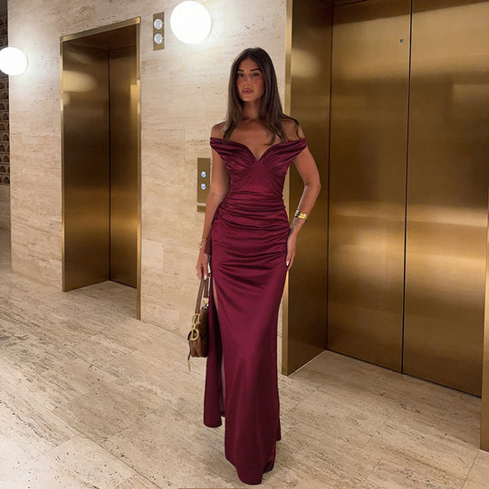 Damen elegantes schulterfreies Maxikleid mit fließendem Satin und verführerischem Schlitz R&B