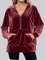 Damen kuscheliges Fleece-Hoodie mit praktischen Taschen und halbem Reißverschluss