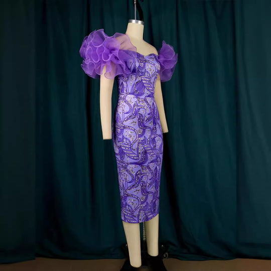 Damen Elegantes Midi-Kleid mit innovativen Puffärmeln und kunstvollem Druck R&B
