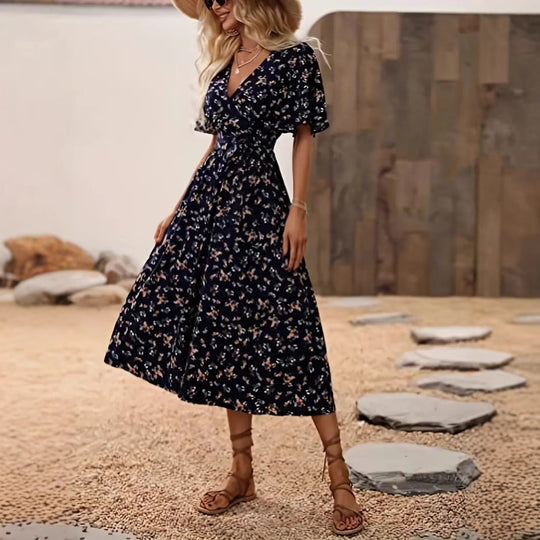 Damen Wickelkleid mit floralem Design und modischem V-Ausschnitt R&B