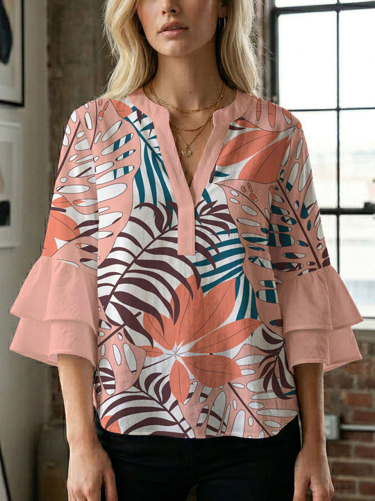 Damen Blusenshirt mit voluminösen Ärmeln und kreativem Druckdesign R&B