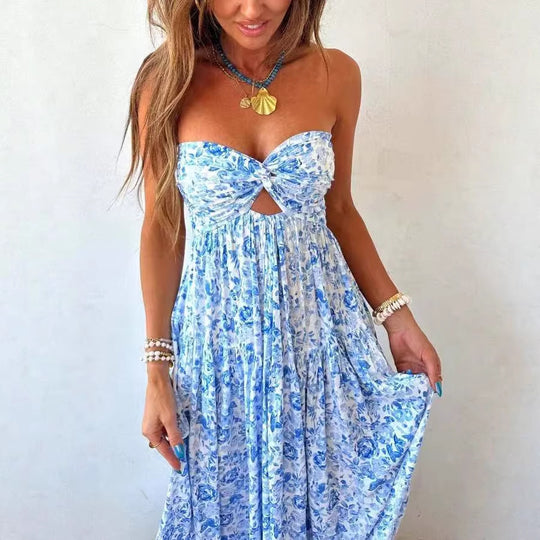 Damen nan trägerloses gedrehtes Bustier-Maxikleid mit Cut-out und mehrlagigem Stufenrock in leichter Crinkle-Qualität R&B