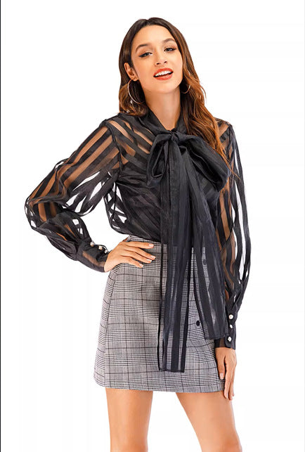 Damen Elegante Bluse mit voluminösem Schleifenkragen und trendigem Streifenmuster R&B