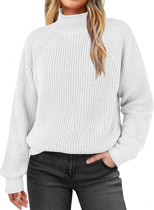Damen modischer Strickpullover mit hohem Kragen und strukturierter Oberfläche R&B