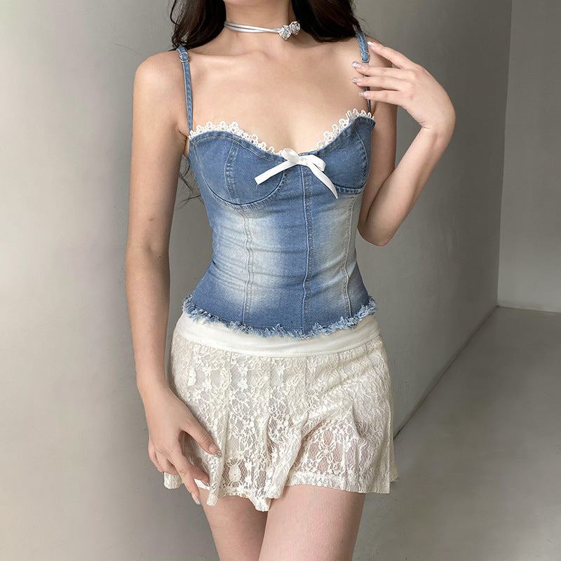 Damen Denim-Crop-Top mit Rüschendetails und zierlichem Schnürverschluss R&B