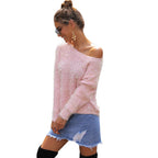 Damen Eleganter und lockerer Pullover mit Schulterfreiem Design und Perlenverzierung R&B