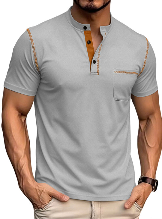 Herren nan kurzärmeliges Polohemd mit Stehkragen Knopfleiste Brusttasche aus elastischer Baumwollmischung R&B