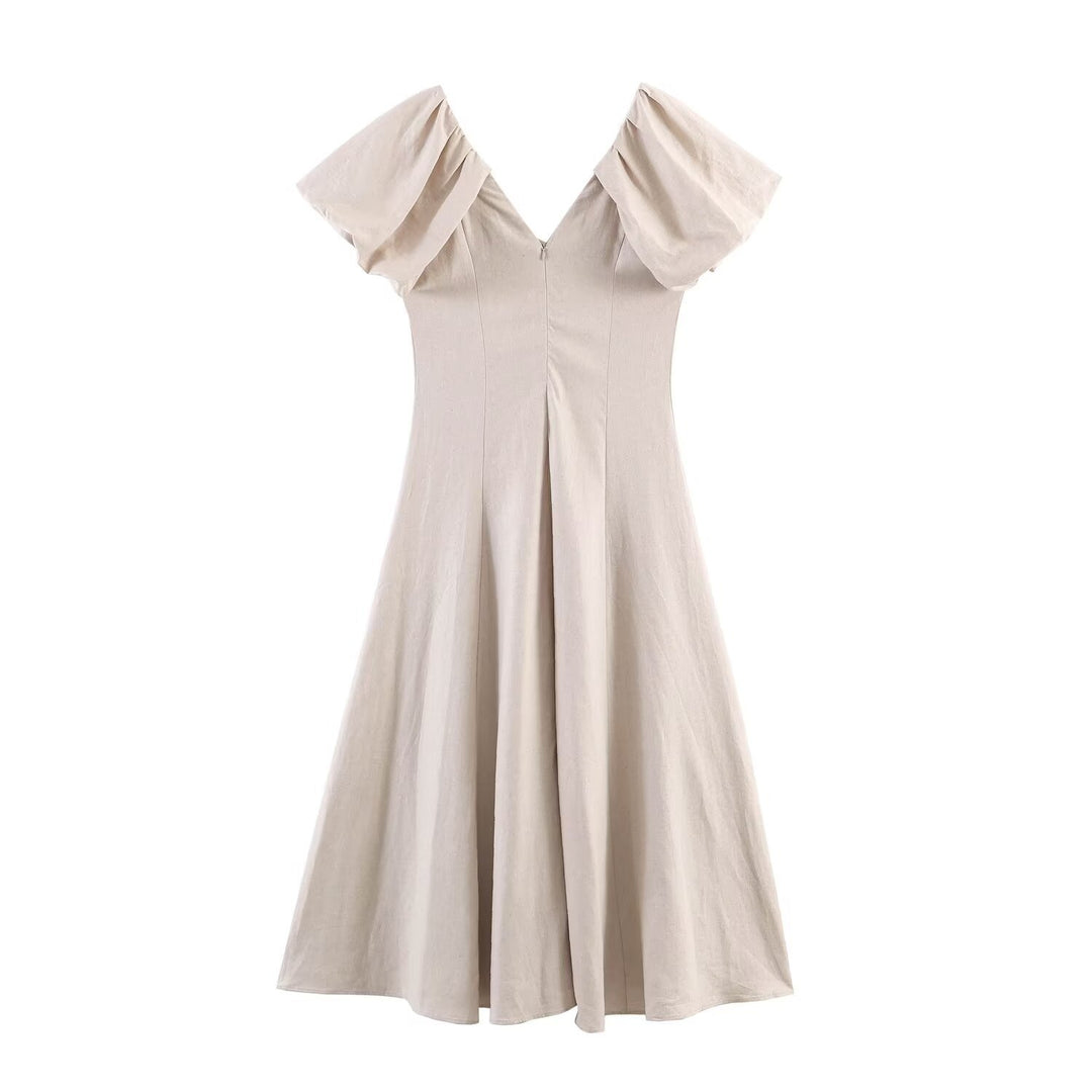 Damen V-Ausschnitt Kleid mit voluminösen Puffärmeln und schwingendem Rock R&B