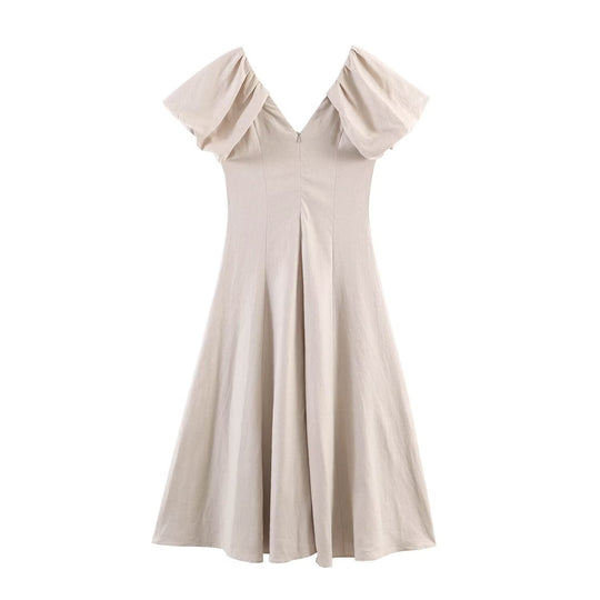 Damen V-Ausschnitt Kleid mit voluminösen Puffärmeln und schwingendem Rock R&B