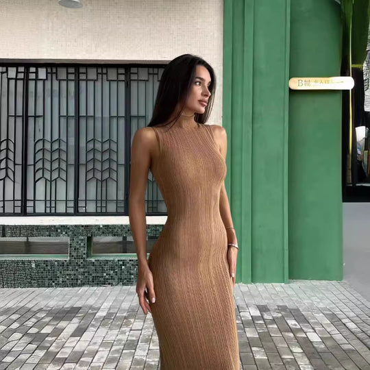 Damen Elegantes Langarm Maxikleid im Rippstrick-Stil R&B